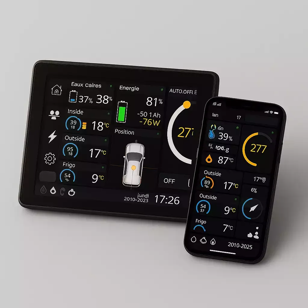 Tableau de bord Vanbox affichant batterie, températures et GPS.