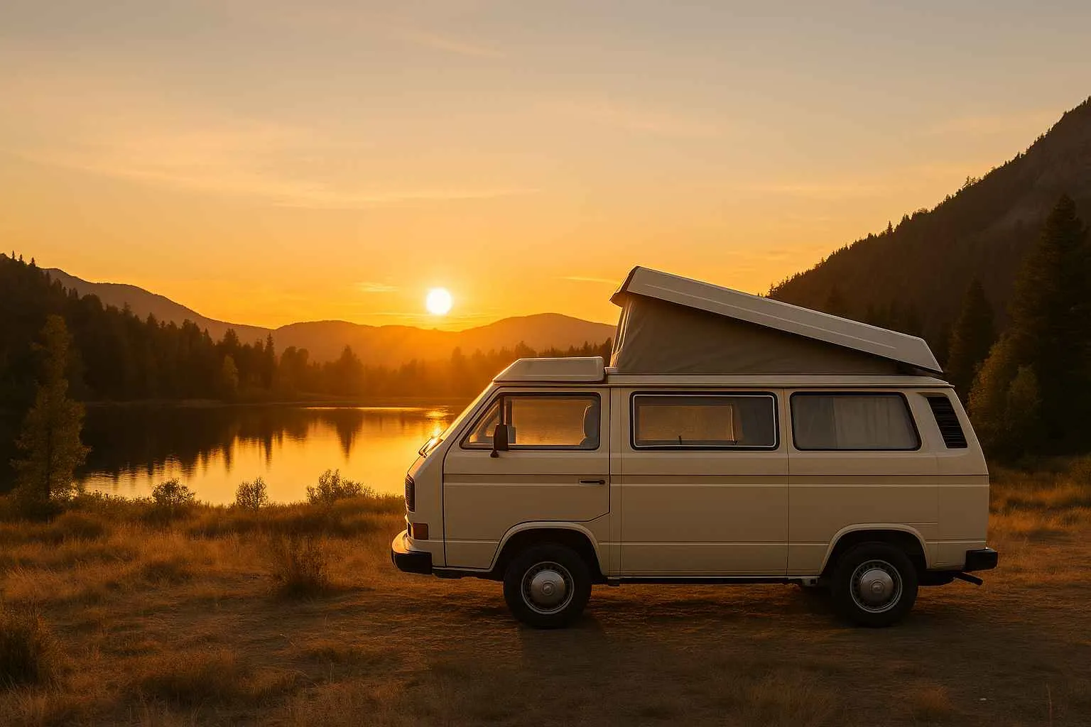 Van aménagé garé au bord d'un lac au coucher du soleil.
