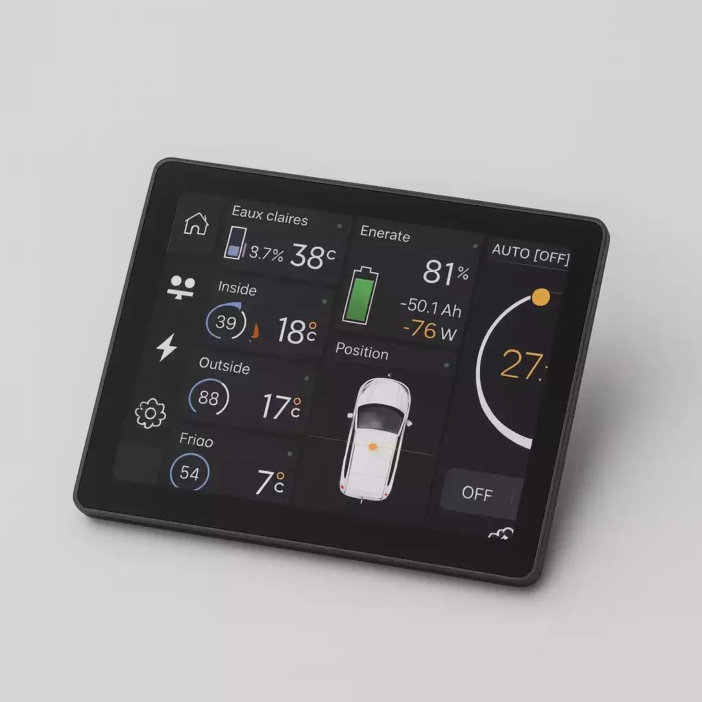 Écran de contrôle Vanbox affichant batterie 81%, températures et position GPS.